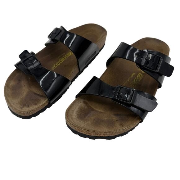 Birkenstock Ibiza Two Strap Black Patent Birk Flor Sandals Sz 39 EU / 8 US Women - Picture 2 of 9